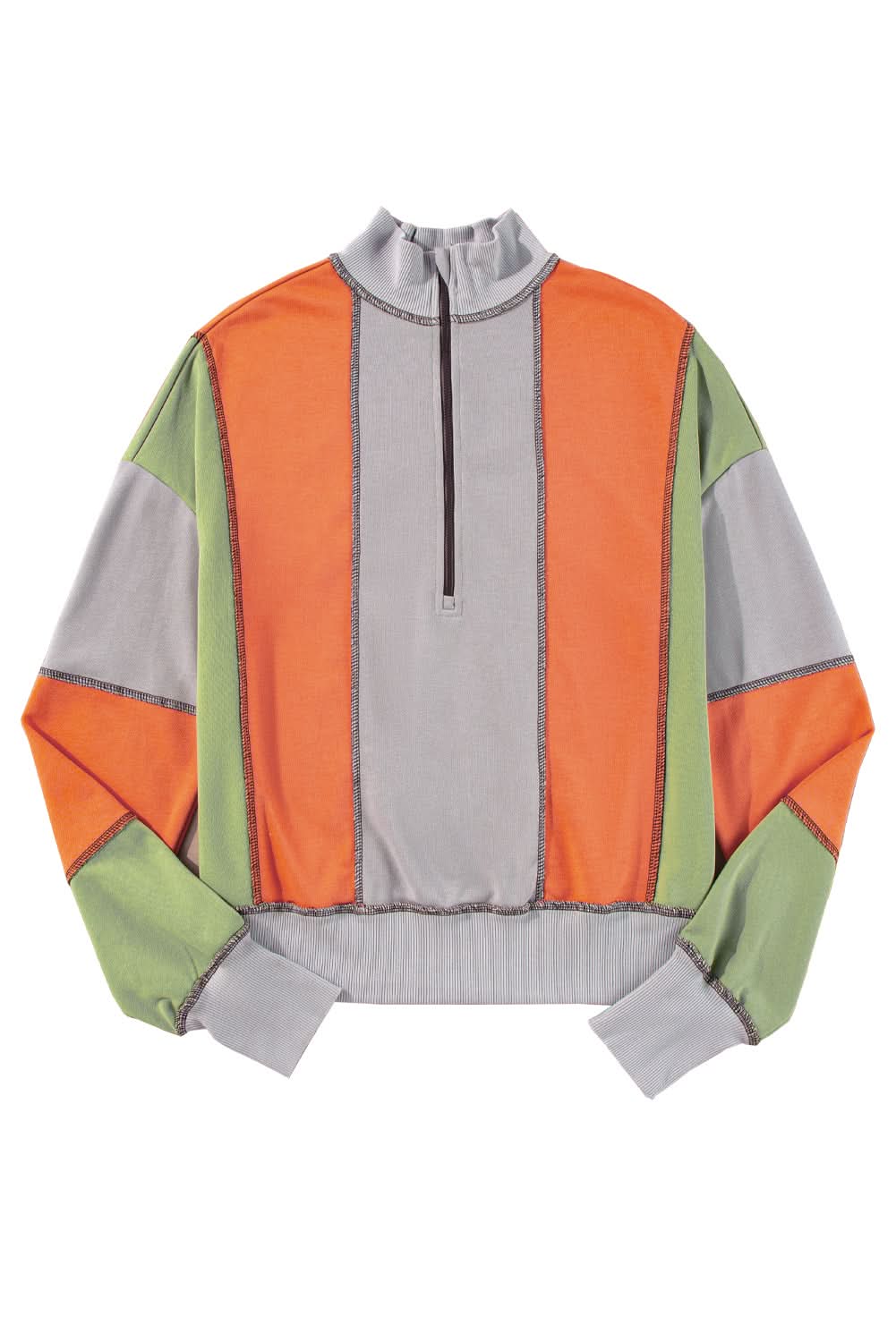 Light Grey Color Block Stitching Detail Half Zipper Sweatshirt - Love Salve