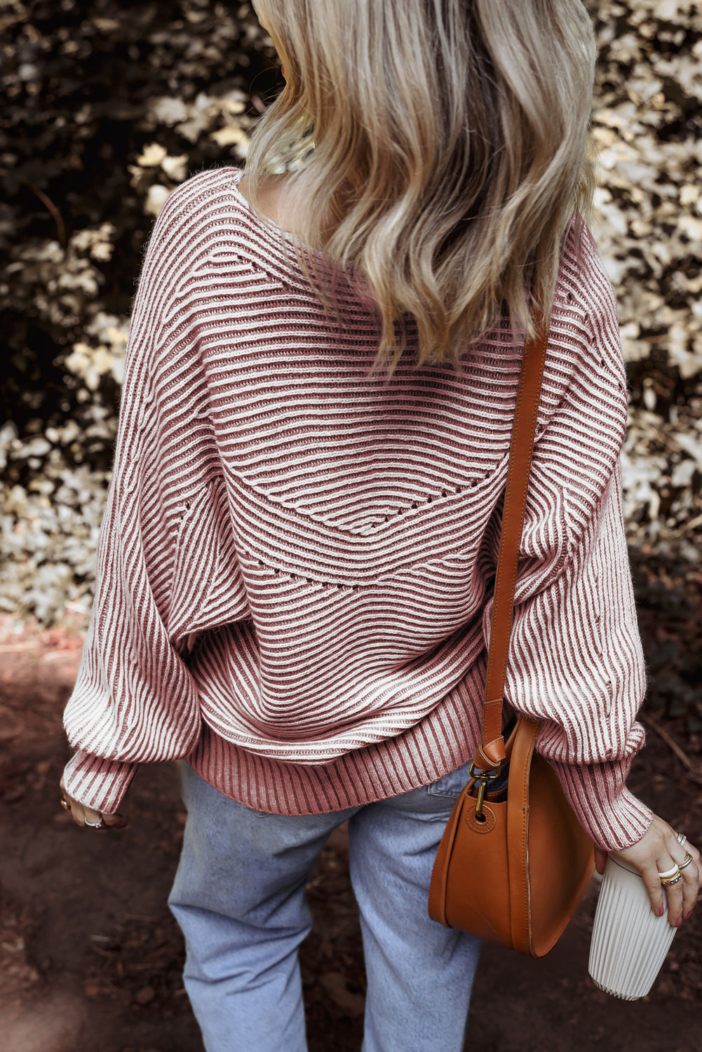 Premium Red Dahlia Striped Print Knit Boat Neck Baggy Sweater