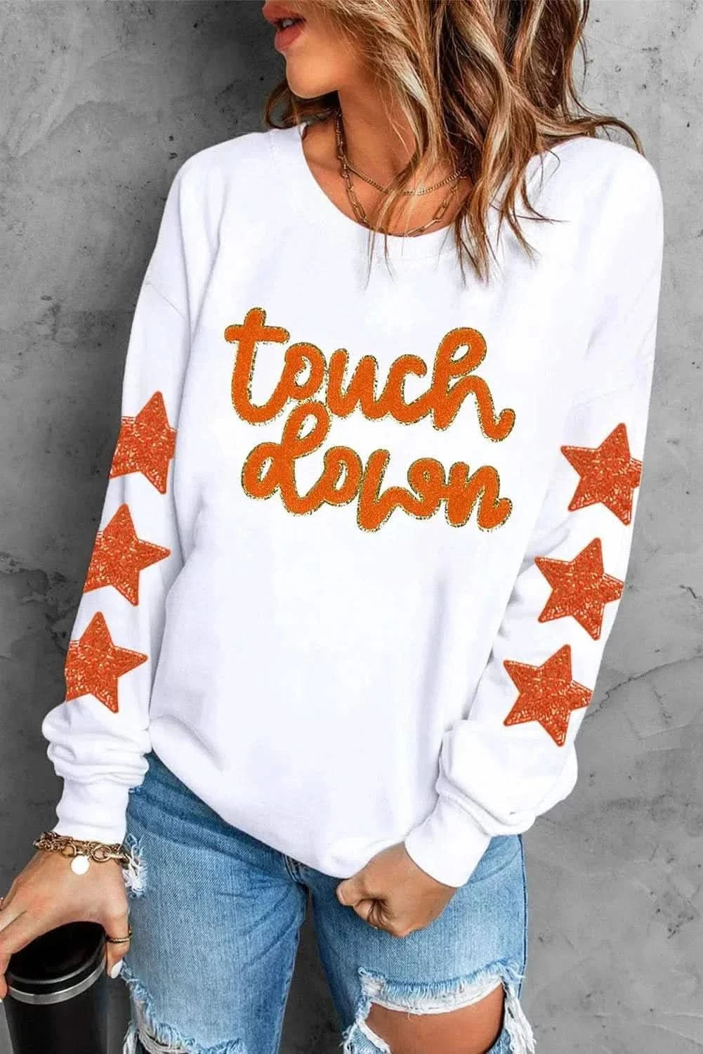 Letter & Star Round Neck Long Sleeve Sweatshirt - Love Salve