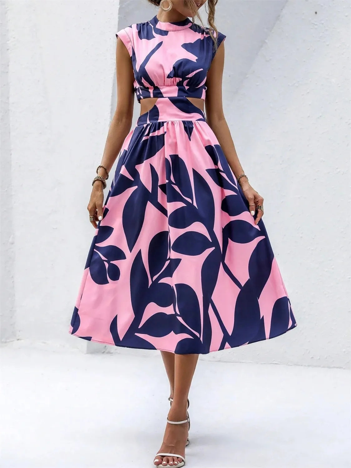 Tropical Cutout Cap Sleeve Midi Dress