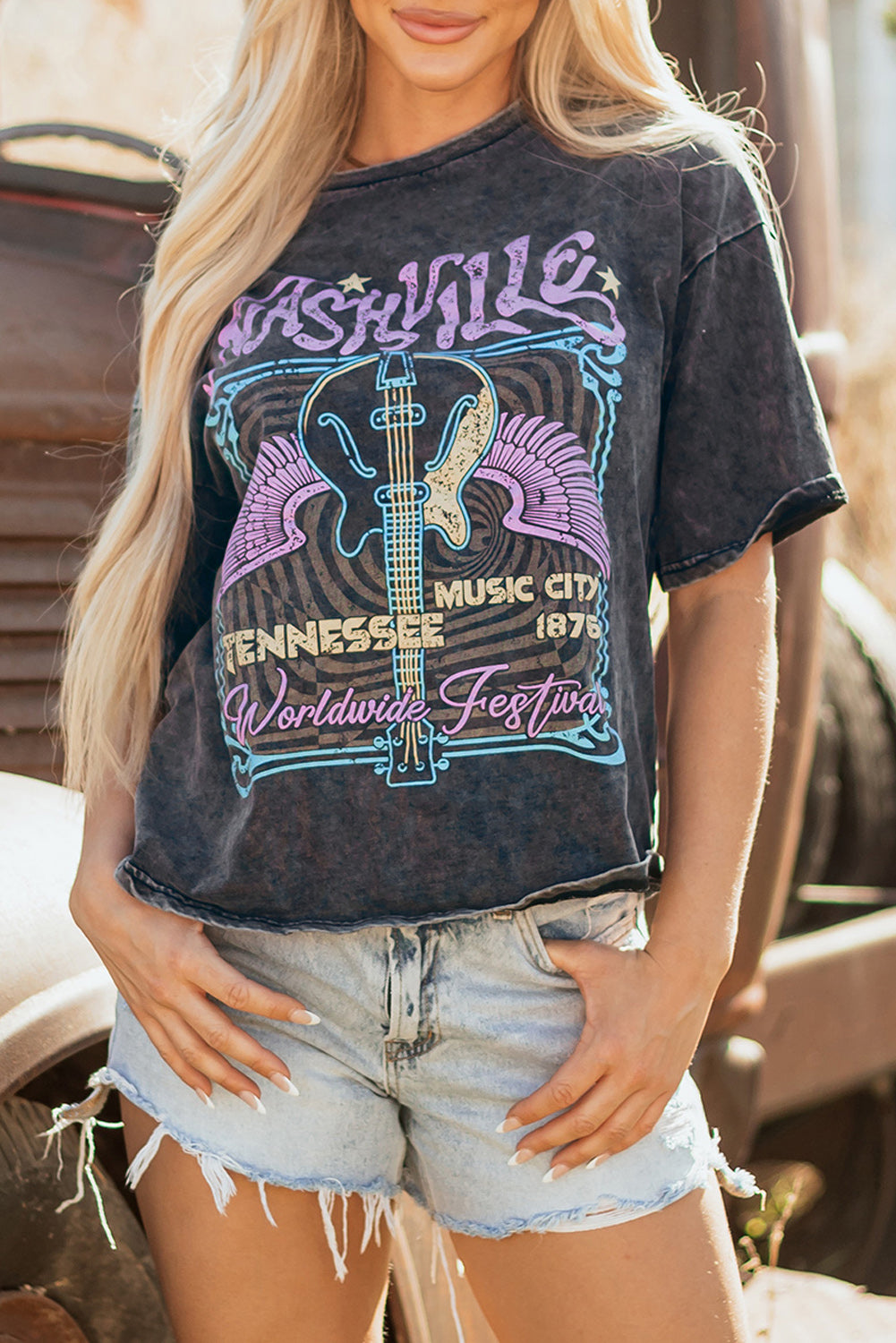 Black Vintage Nashville Tennessee Graphic Mineral Washed Tee