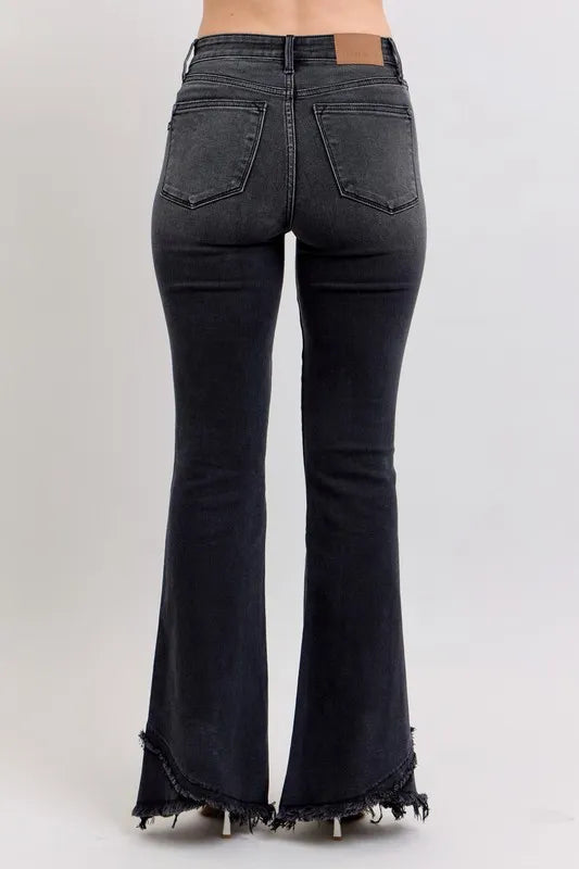 Judy Blue Full Size High Waist Flare Jeans With Mock Fray Tulip Hem Plus Size - Love Salve