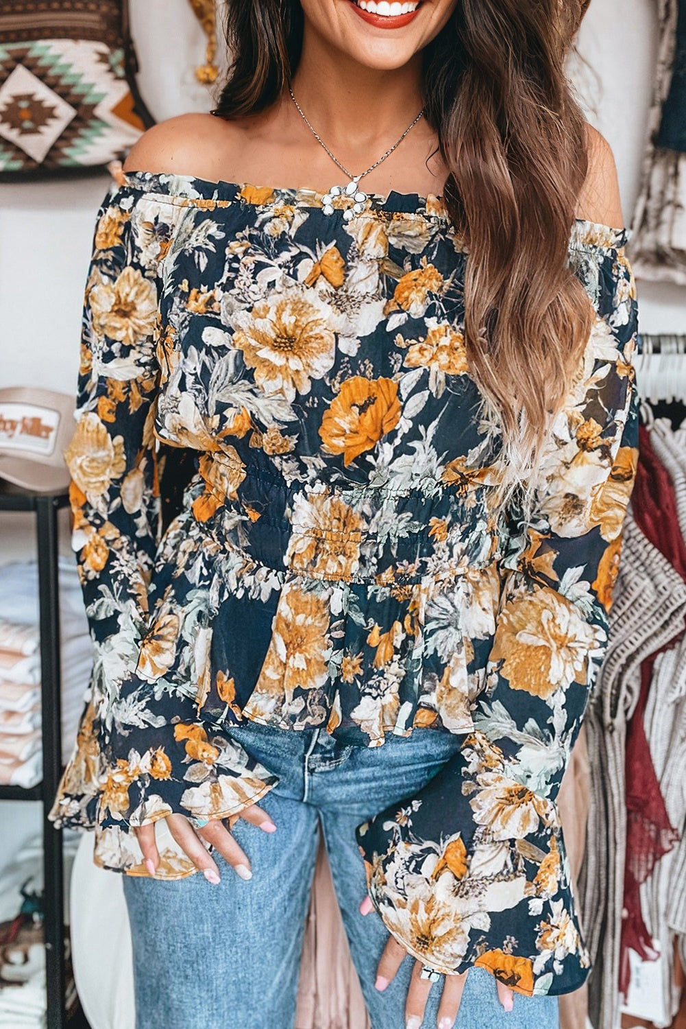 Premium Blue Floral Off Shoulder Bell Sleeve Smocked Peplum Top