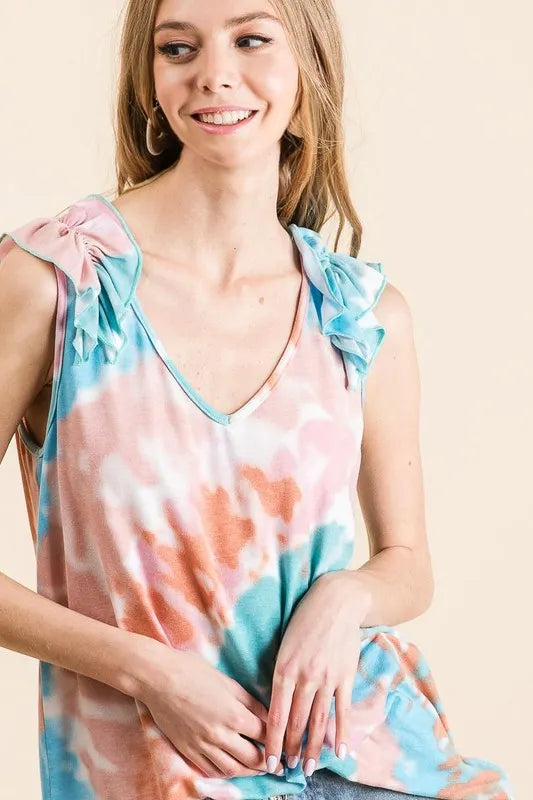 BiBi Circular Tie Dye Knit V Neck Top With Ruffle - Love Salve
