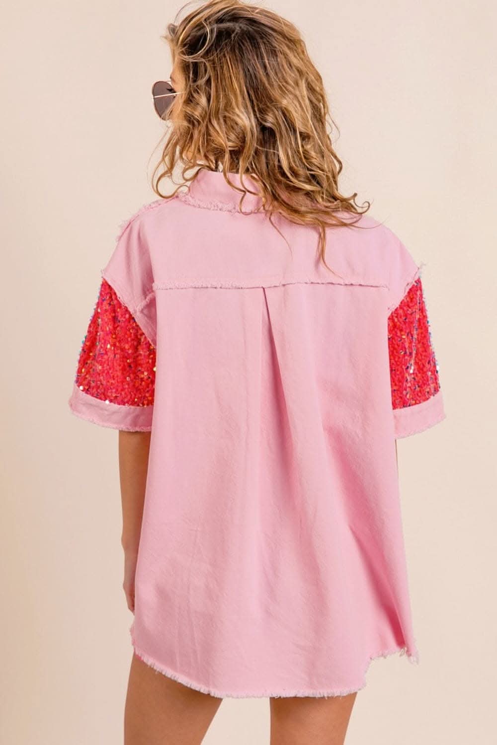 BiBi Sequin Detail Raw Hem Short Sleeve Shirt - Love Salve