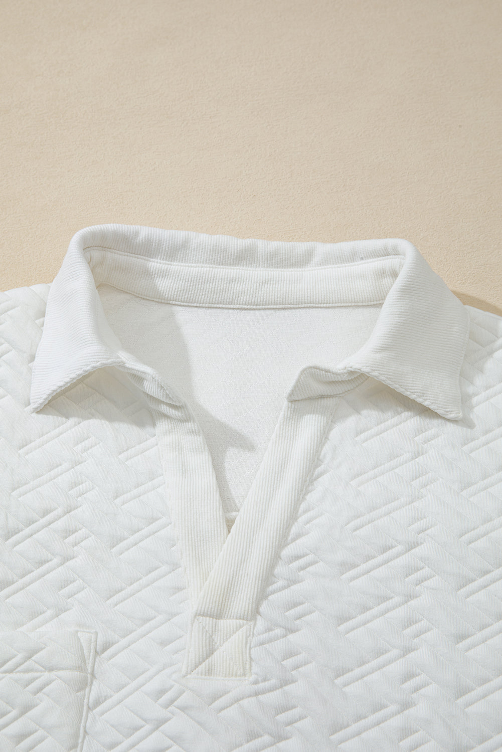 Premium White Textured Pocketed Collared V Neck Pullover Sweatshirt