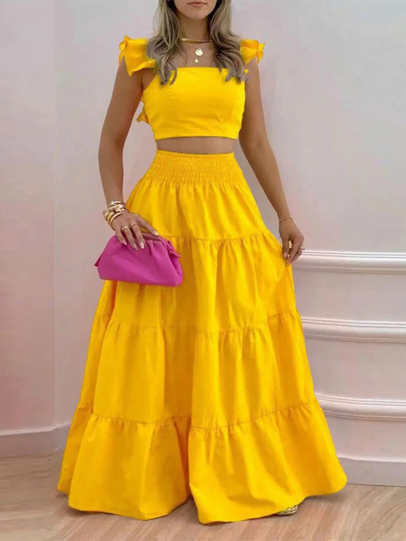 Full Size Ruffled Cami and Tiered Maxi Skirt Set Plus Size