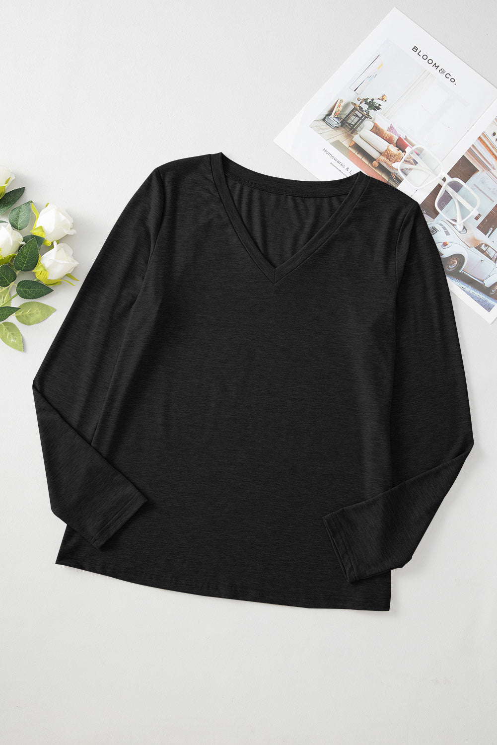 Black Casual Black Solid Color V Neck Long Sleeve Stretchy Top - View 8 by Dear-Lover Dropshipping