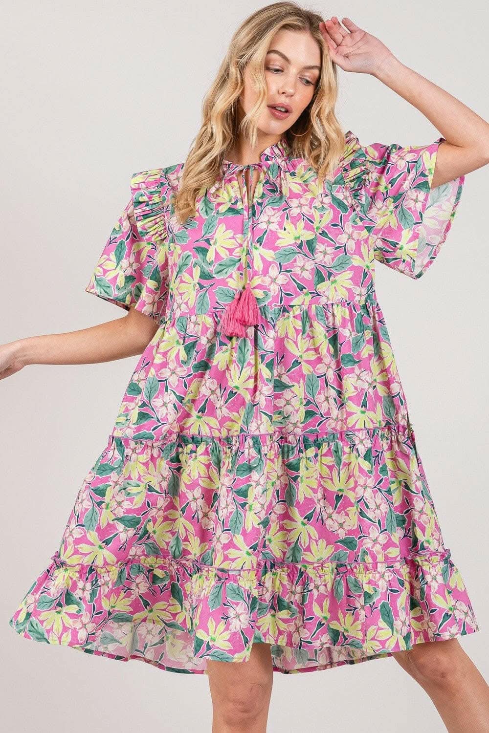 SAGE + FIG Floral Ruffle Short Sleeve Dress - Love Salve
