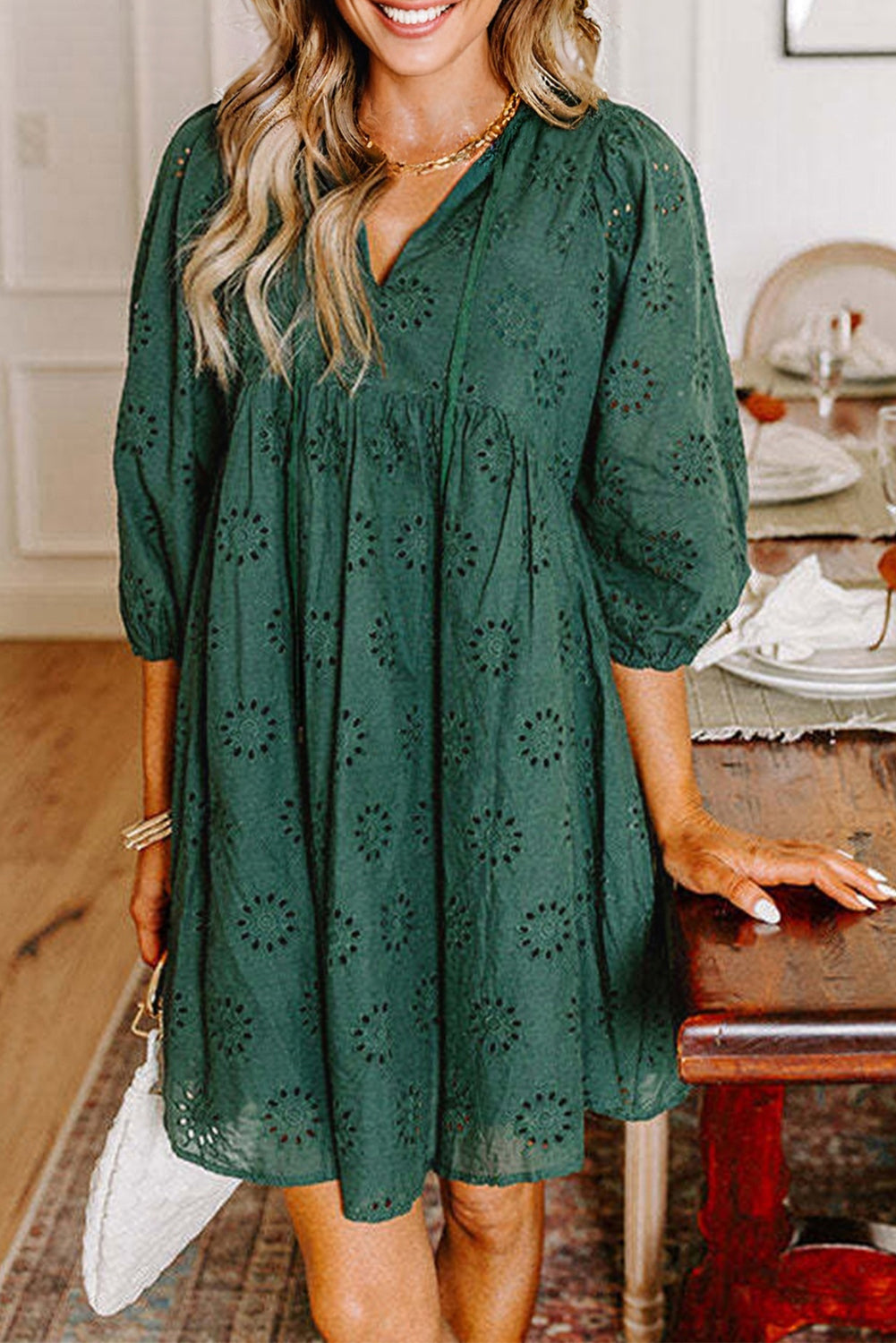 Blackish Green Embroidered Eyelet Swing Dress Puffy Sleeves