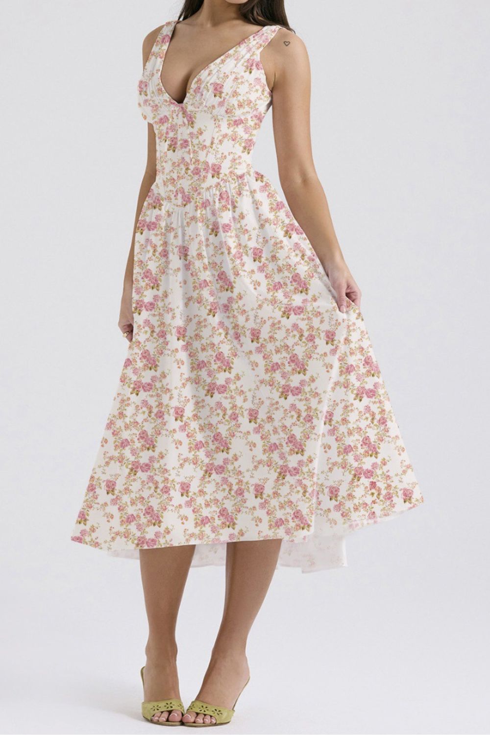 Garden Muse V-Neck Midi Dress with Pockets