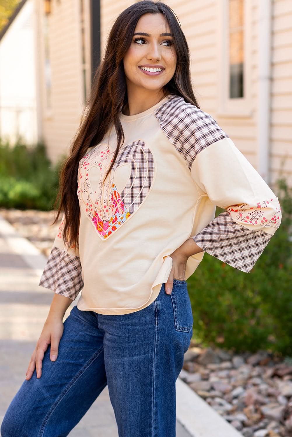 Beige Plaid Floral Peace Heart Graphic Wide Long Sleeve Top - Love Salve