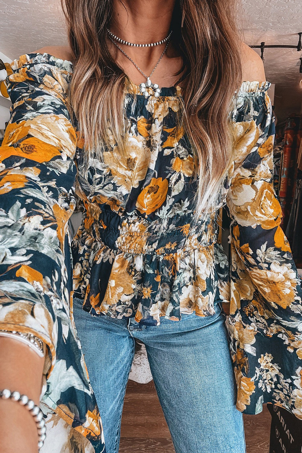 Premium Blue Floral Off Shoulder Bell Sleeve Smocked Peplum Top