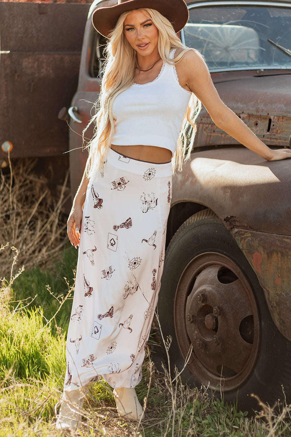 Beige Western Print Satin Long Skirt for Stylish Outfits