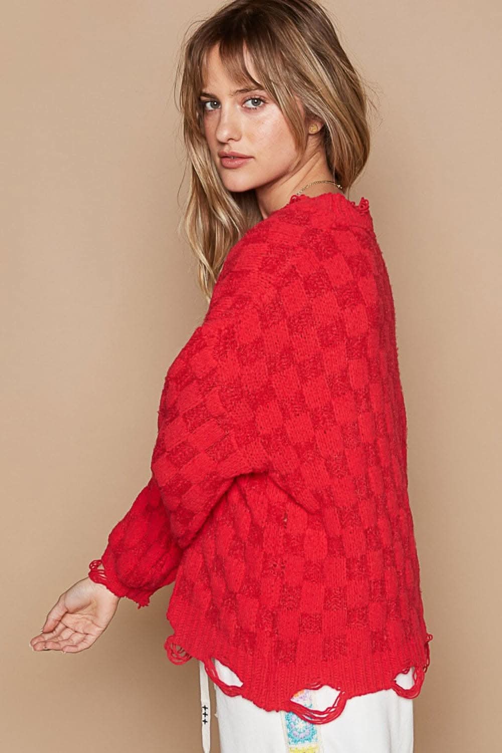 POL Checkered Distressed Edge Sweater - Love Salve