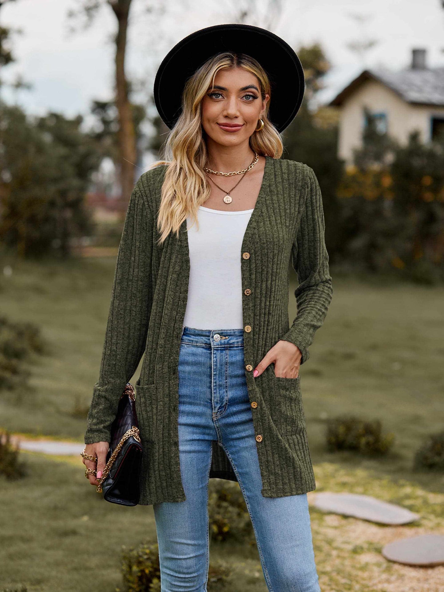 Heathered ribbed cardigan with pockets - Love Salve