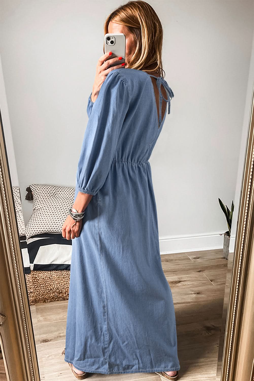 Breichled Myosotis Chambray Deep V gwddf llawes Maxi gwisg