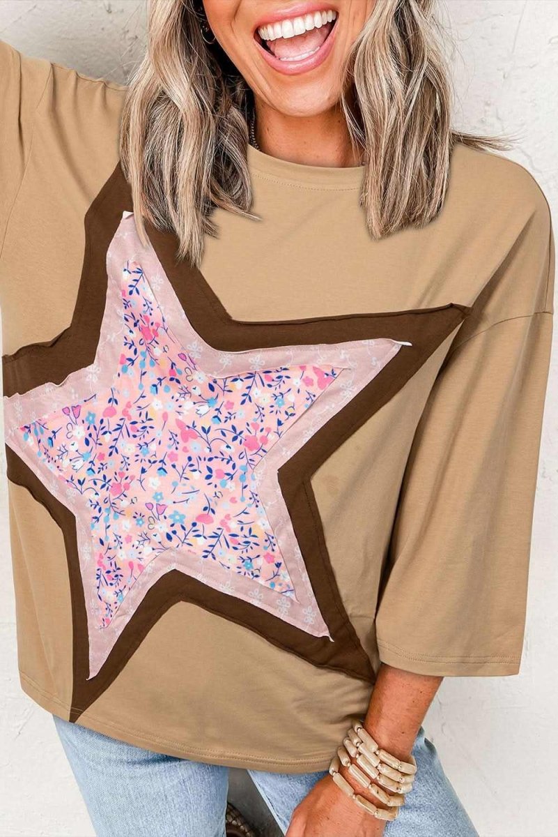 Camel Floral Star Patchwork 3/4 Long Sleeve Top - Love Salve