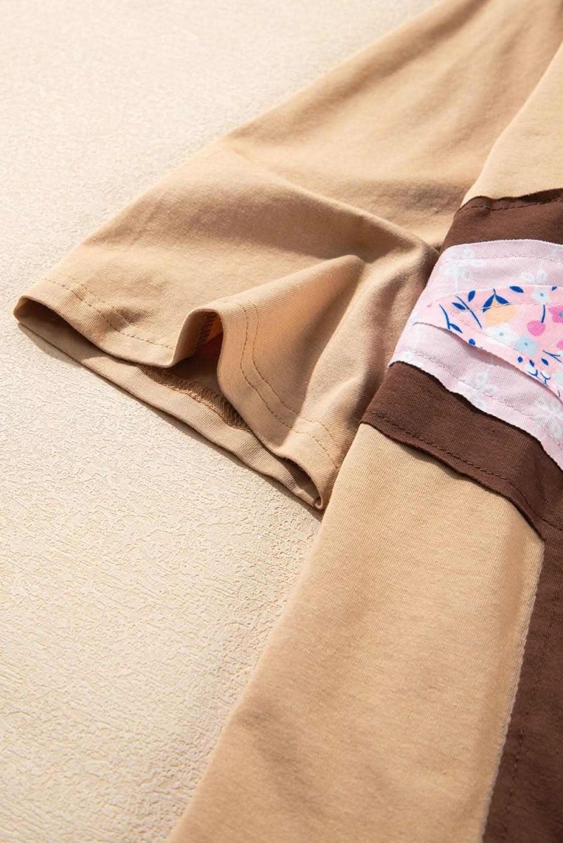 Camel Floral Star Patchwork 3/4 Long Sleeve Top - Love Salve
