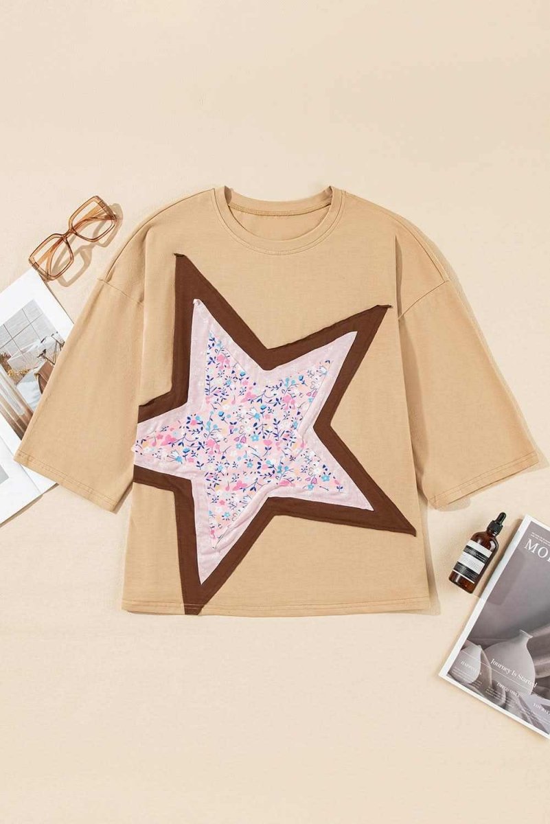 Camel Floral Star Patchwork 3/4 Long Sleeve Top - Love Salve