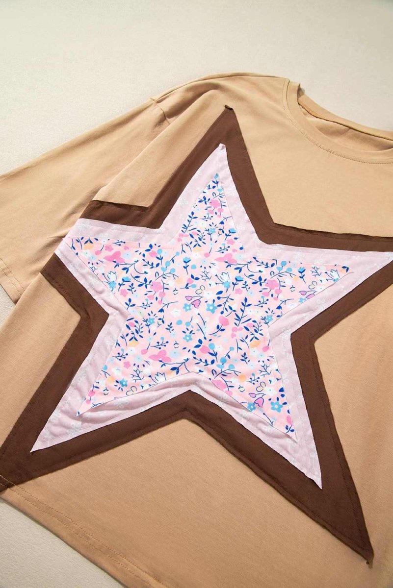 Camel Floral Star Patchwork 3/4 Long Sleeve Top - Love Salve