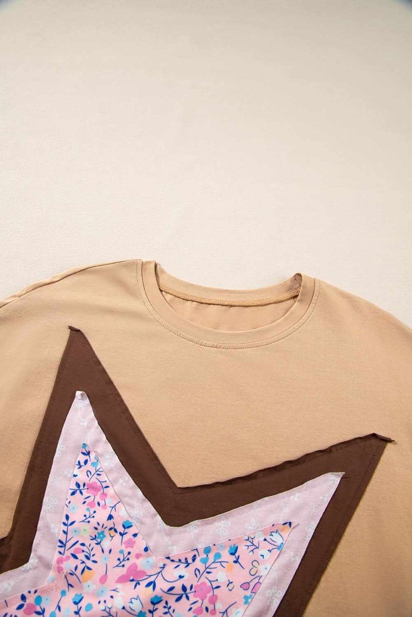 Camel Floral Star Patchwork 3/4 Long Sleeve Top - Love Salve