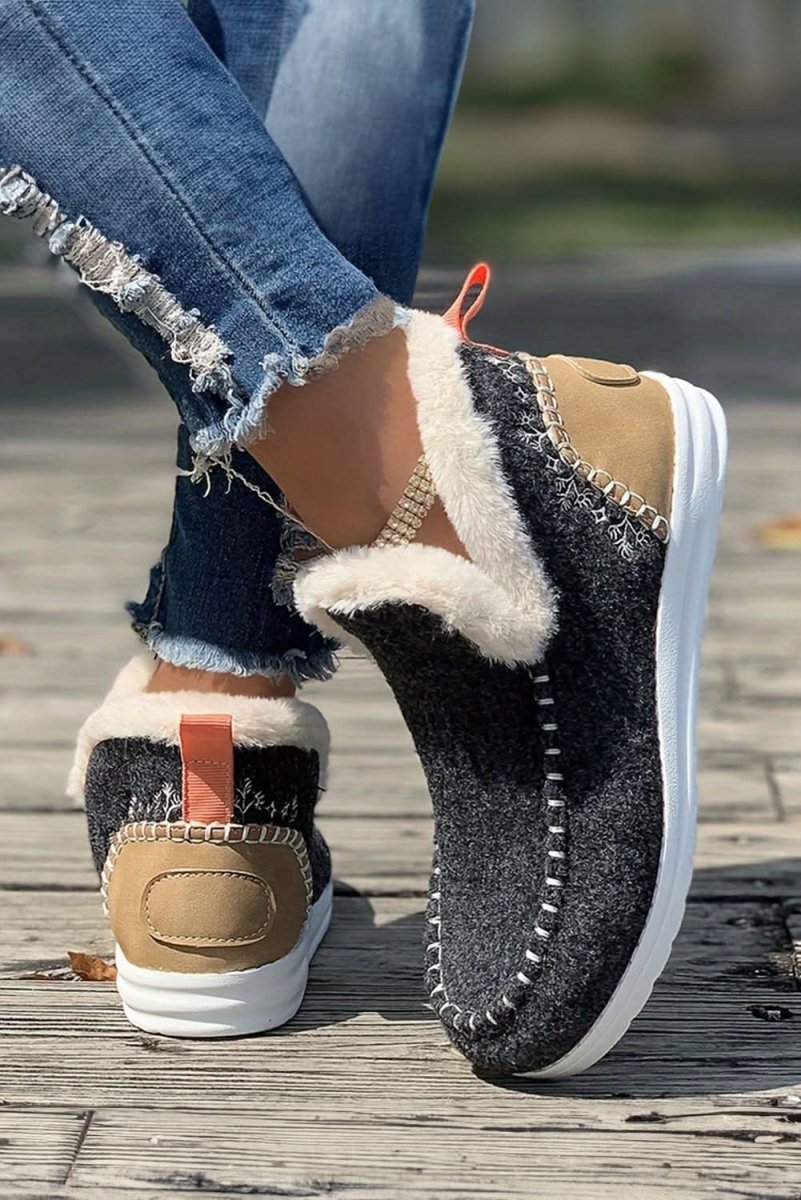 Carbon Grey Suede Patchwork Plush - Lined Anklet Boots with Stitching Detail - Love Salve