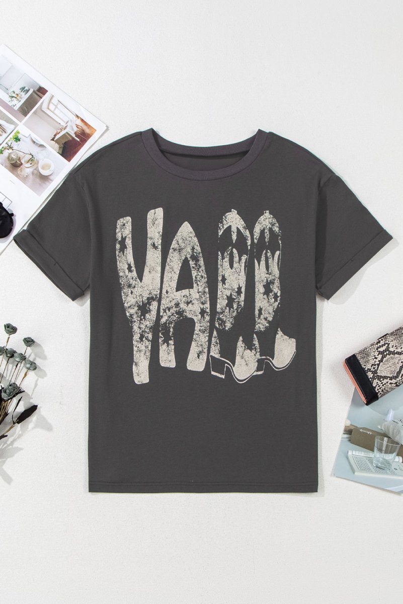 Carbon Grey Vintage Yall Cowboy Boots Graphic Tee Shirt - Love Salve