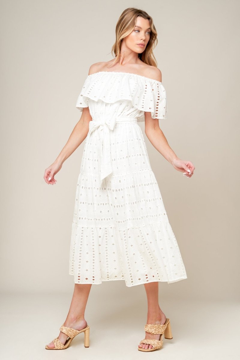 CATCHING MY BREATH EYELET MIDI DRESS - Love Salve