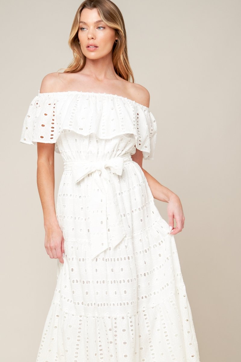 CATCHING MY BREATH EYELET MIDI DRESS - Love Salve