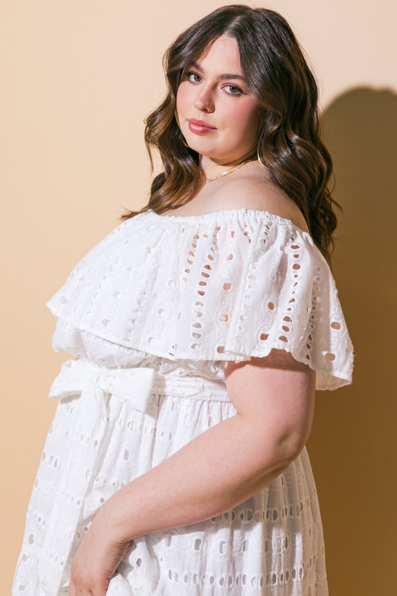 CATCHING MY BREATH EYELET MIDI DRESS - Love Salve