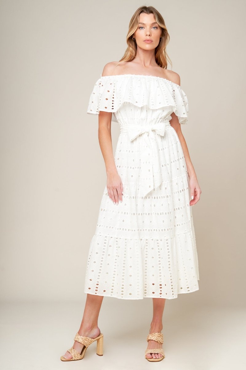 CATCHING MY BREATH EYELET MIDI DRESS - Love Salve