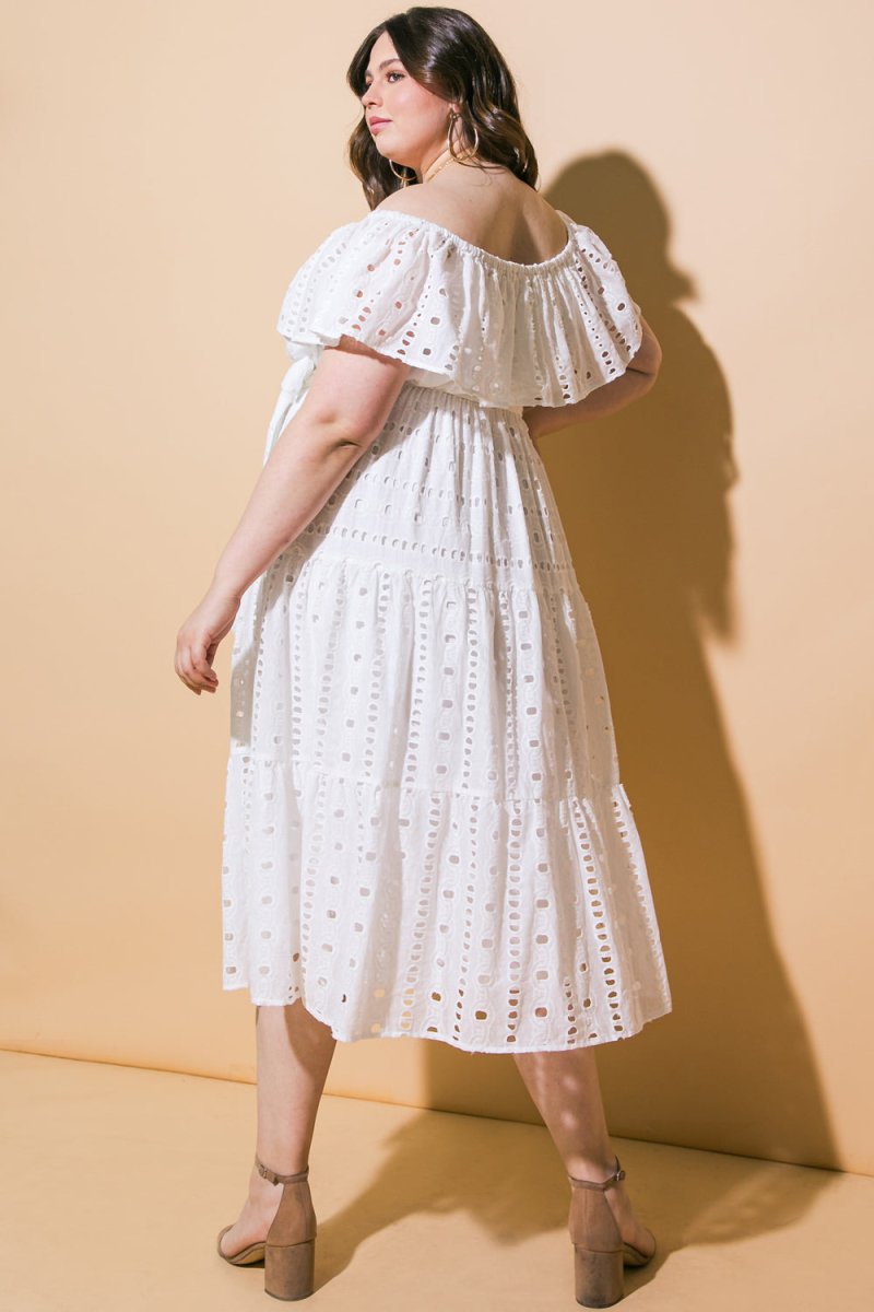 CATCHING MY BREATH EYELET MIDI DRESS - Love Salve
