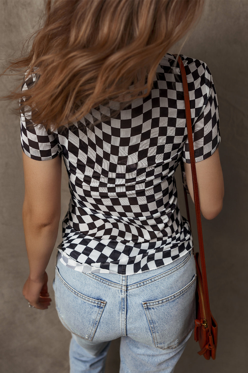Black Checker Mesh Crew Neck T Shirt for Women Fashion