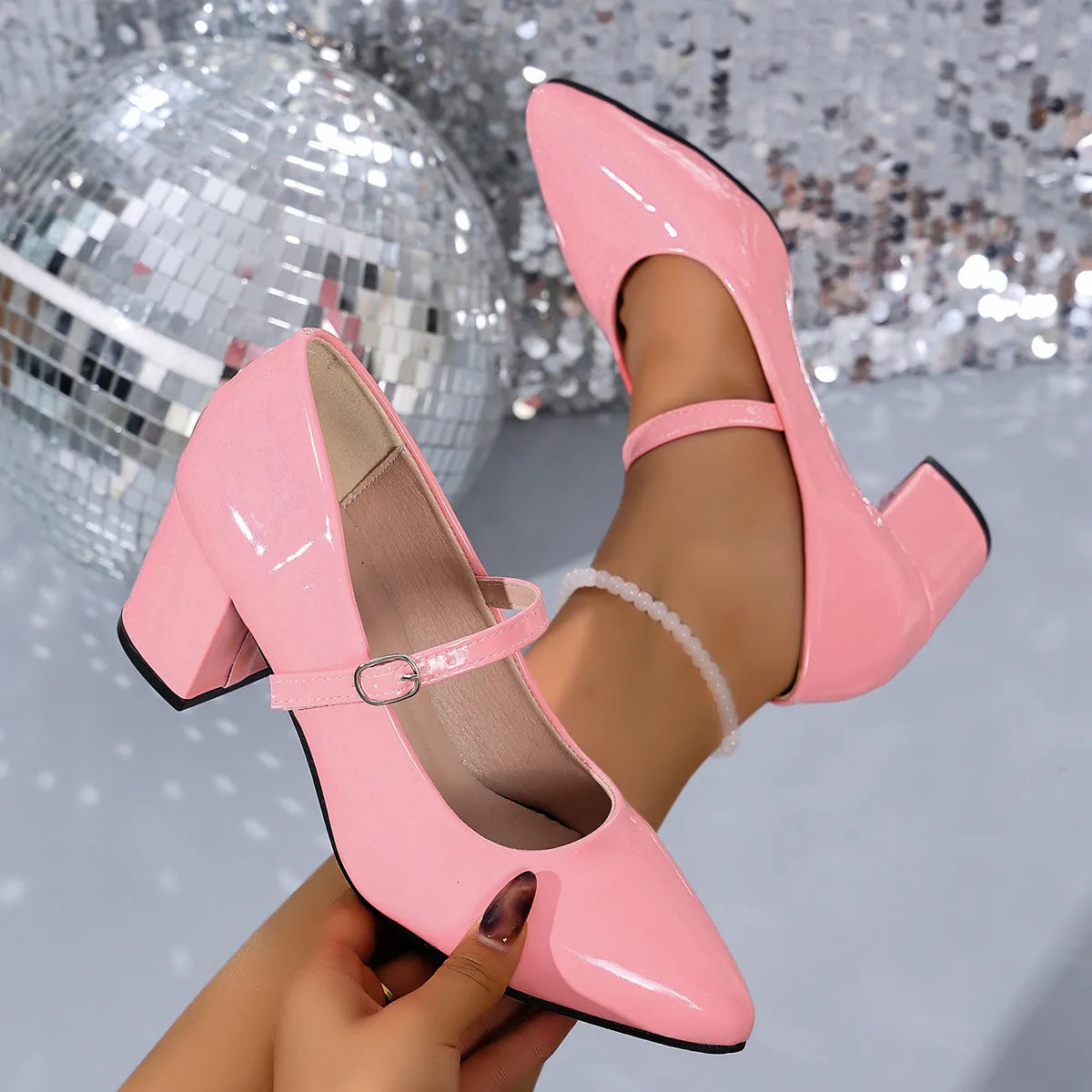 Glam Point Toe Block Heel Pumps