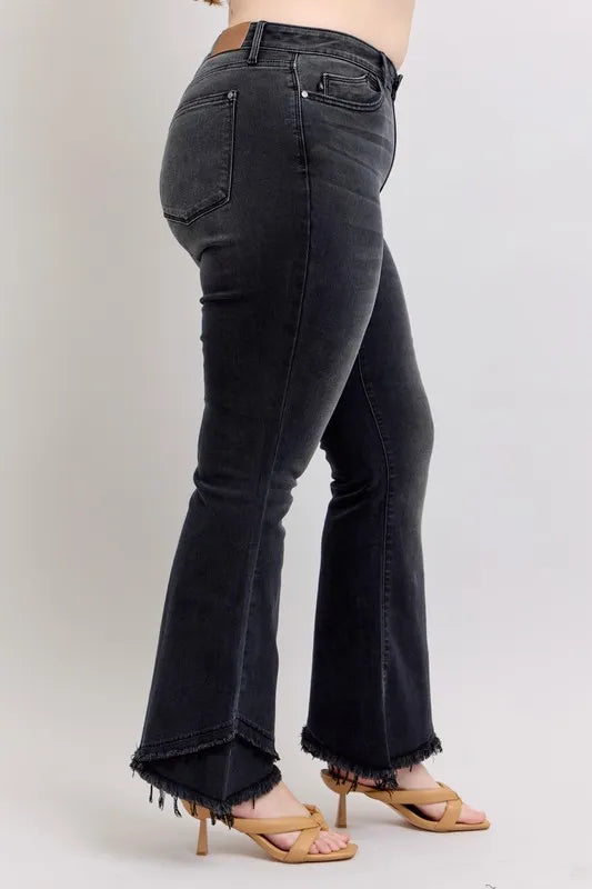 Judy Blue Full Size High Waist Flare Jeans With Mock Fray Tulip Hem Plus Size - Love Salve