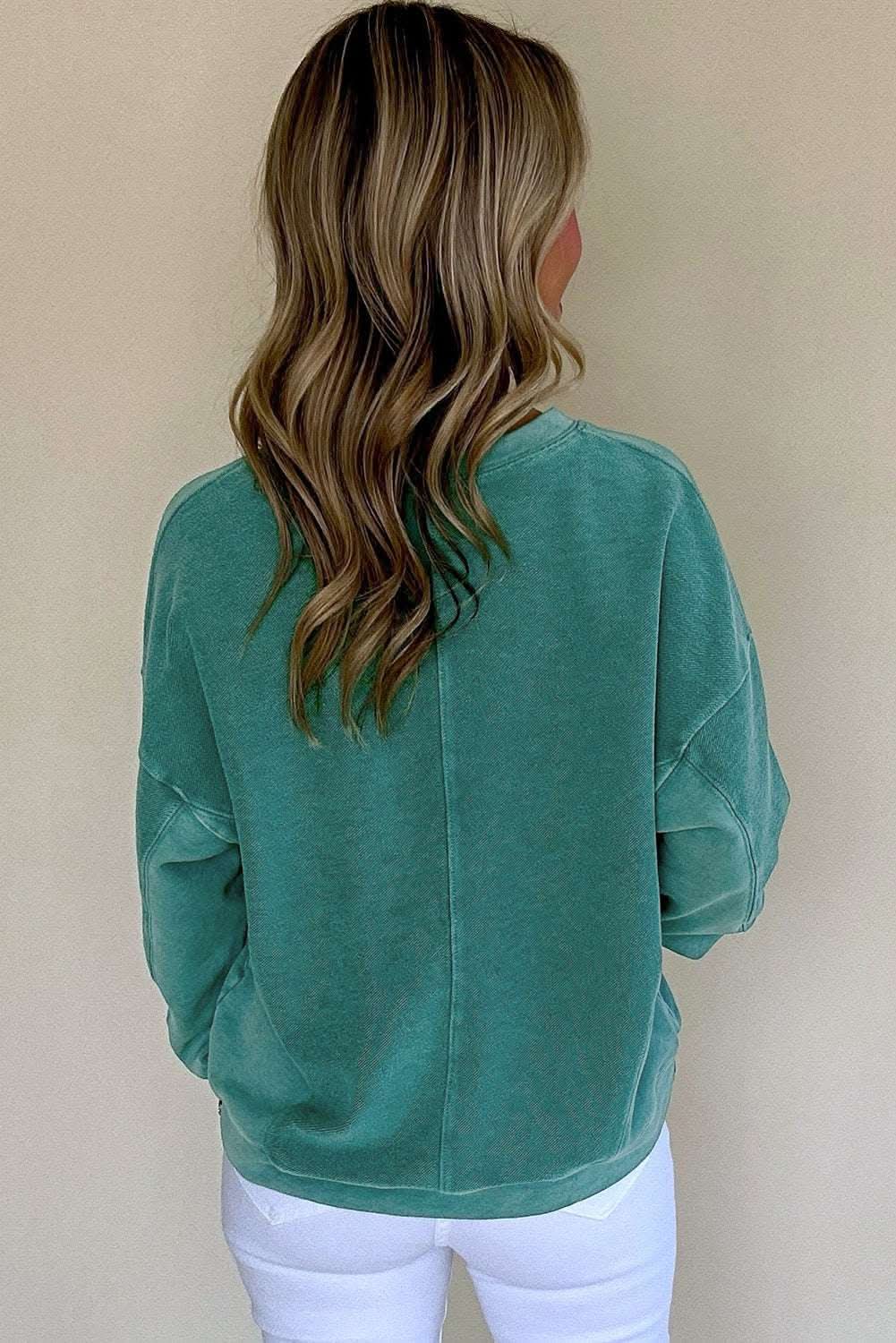 Skobeloff Solid Color Notched Neck Drop Shoulder Sweatshirt - Love Salve