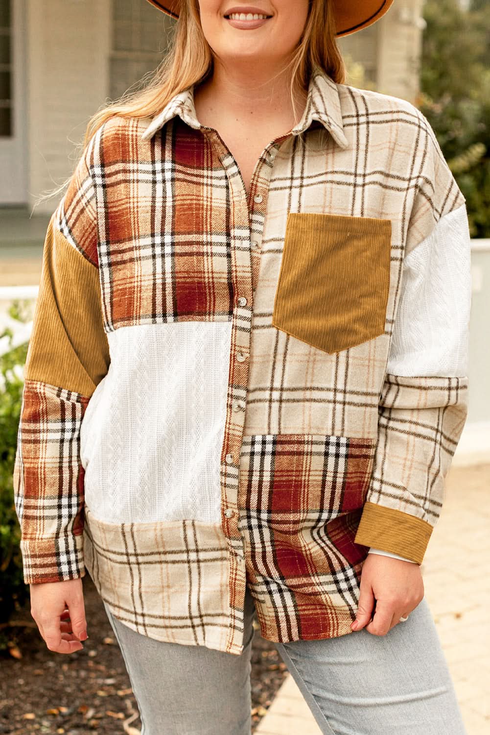Golden apricot plaid shacket plus size - Love Salve