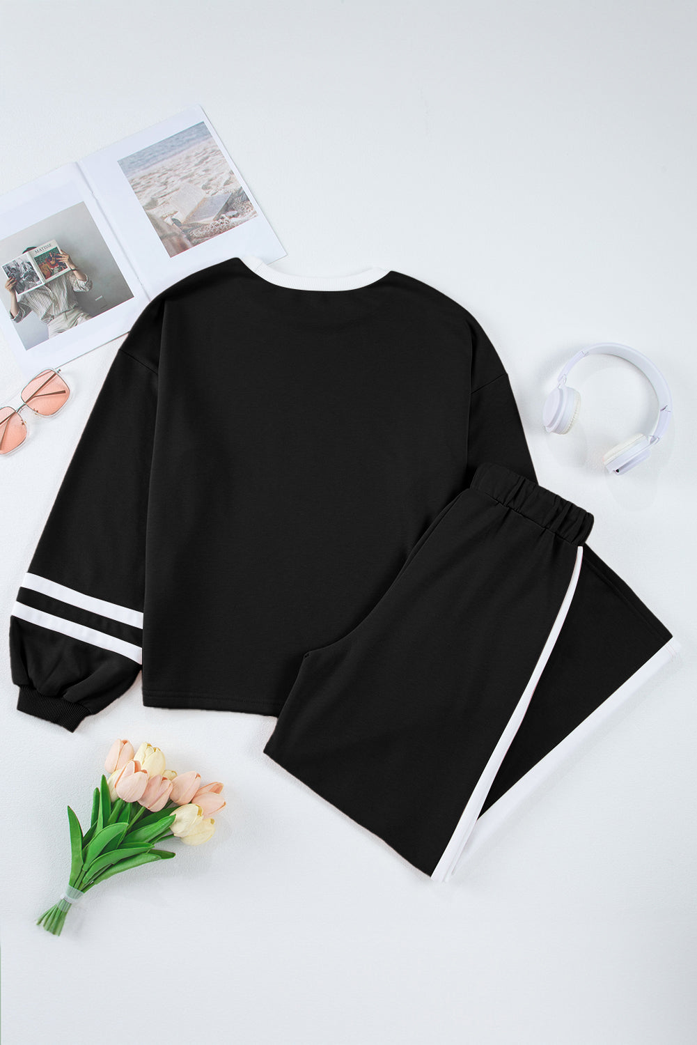 Black Varsity Stripe Patchwork Puff Sleeve Pullover Pants
