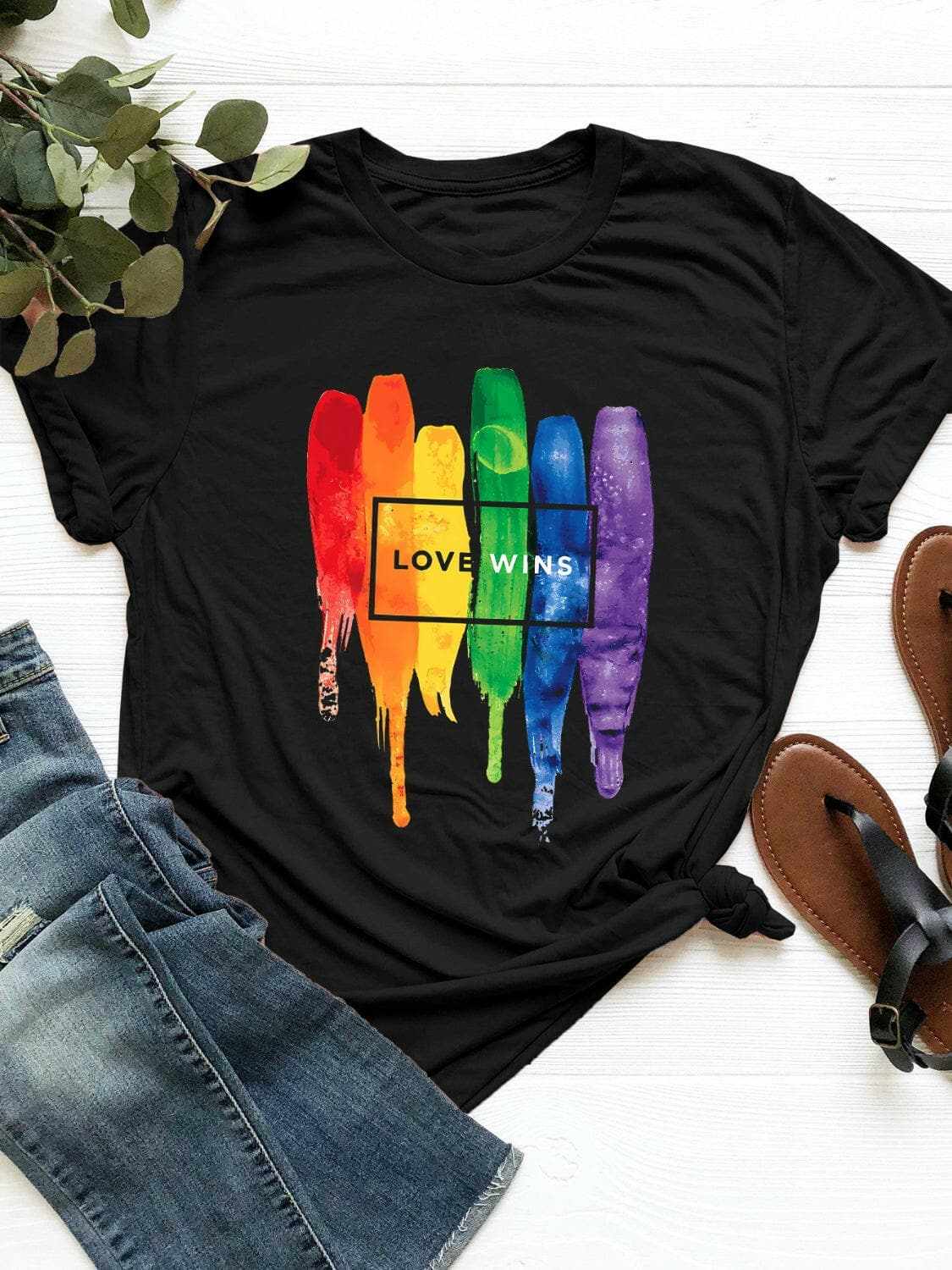 Graphic Round Neck Short Sleeve Tee with Rainbow Love Wins Print, Soft Polyester