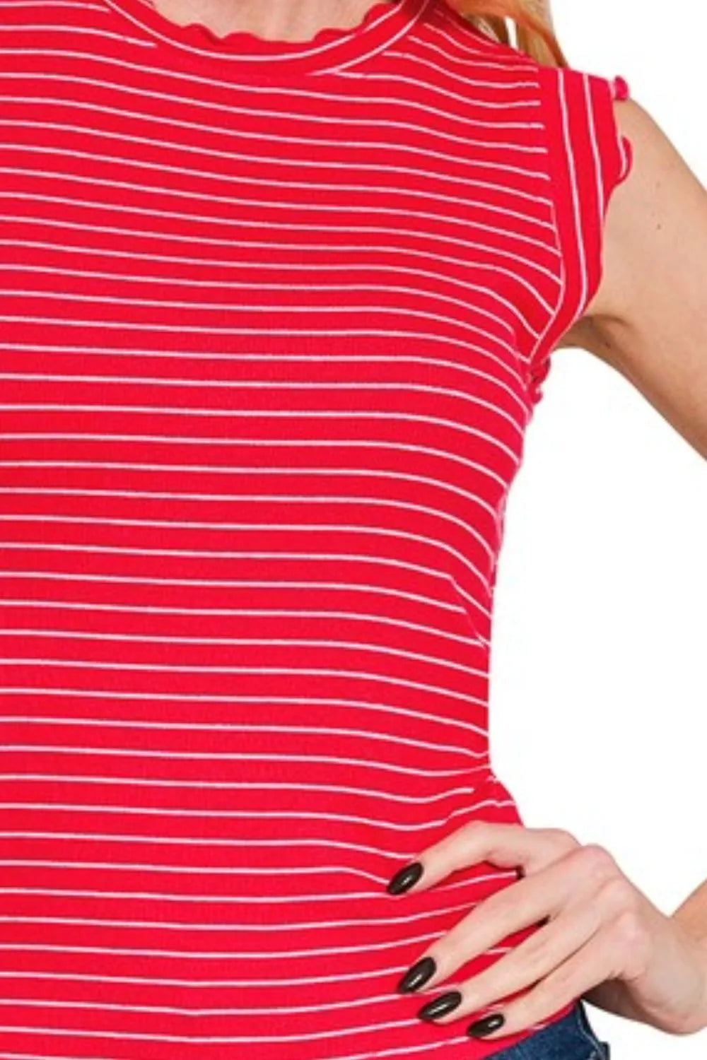 Zenana Ribbed Ruffle Trim Sleeveless Stripe Top - Love Salve