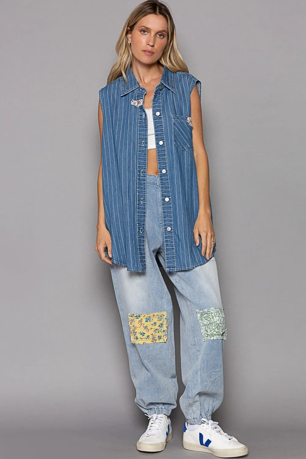 Pol Button Down Sleeveless Striped Denim Shirt - Love Salve