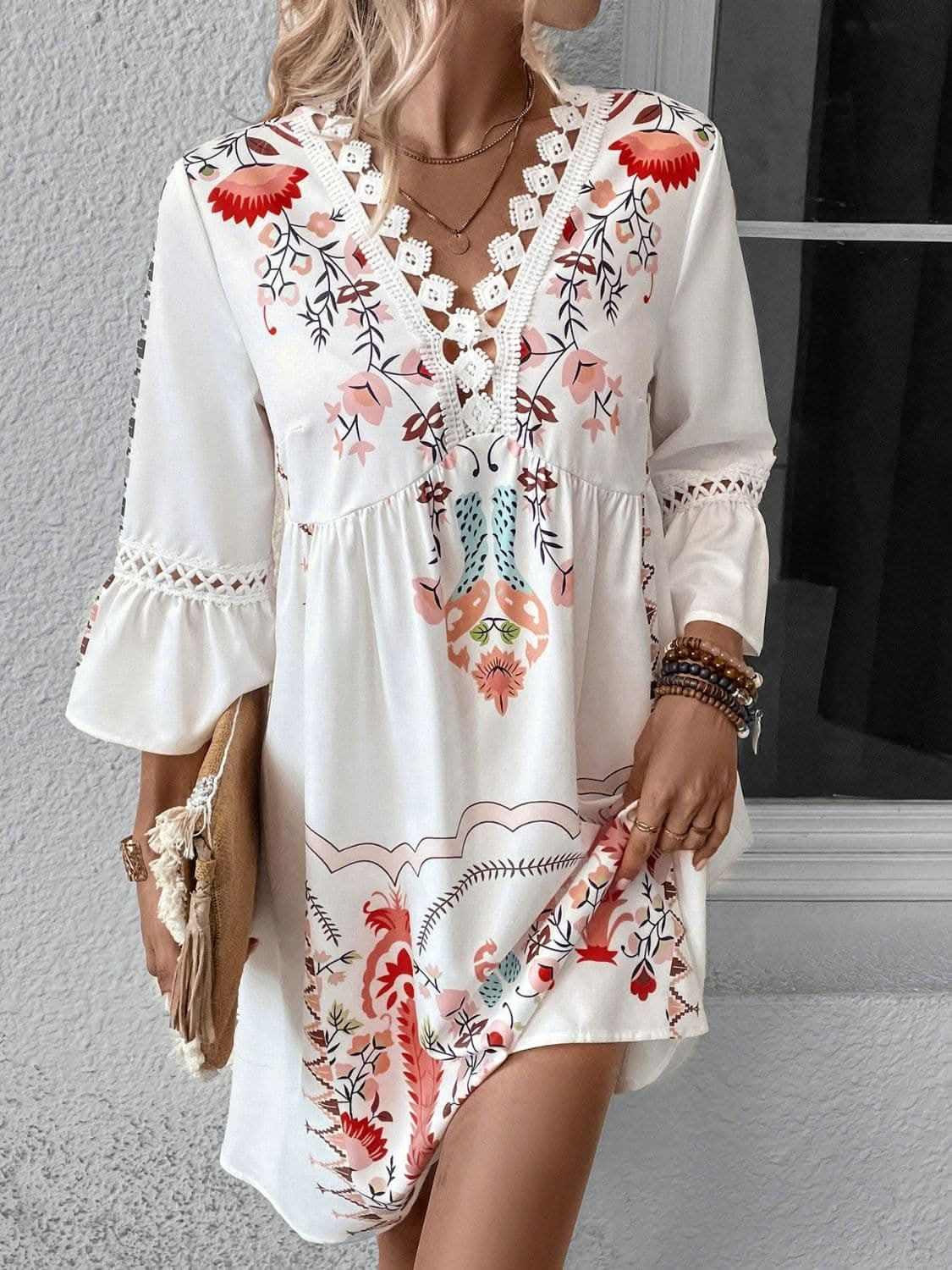 Lace Printed Three-Quarter Dress with Sheer Elegance - Love Salve