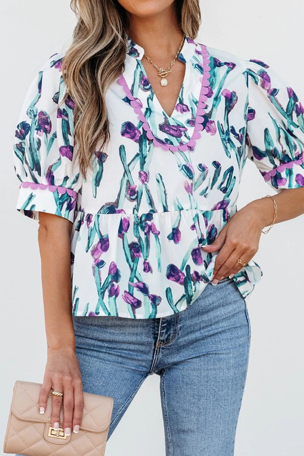 Floral Ricrac Trim Half Sleeve Peplum Top