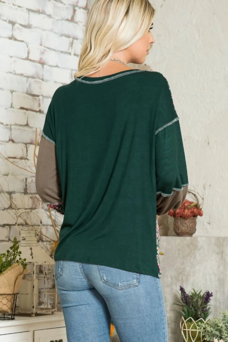 Celeste Full Size Floral Color Block Exposed Seam T-Shirt - Love Salve