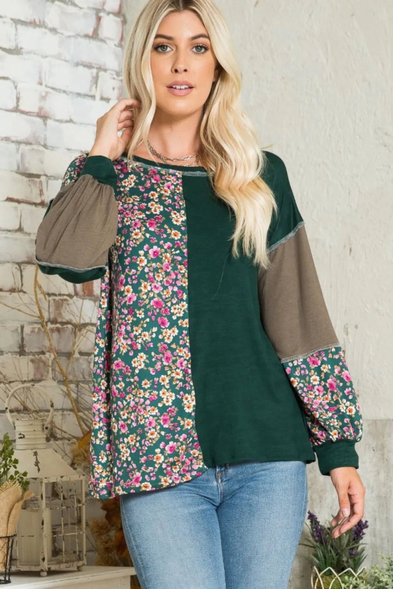 Celeste Full Size Floral Color Block Exposed Seam T-Shirt - Love Salve