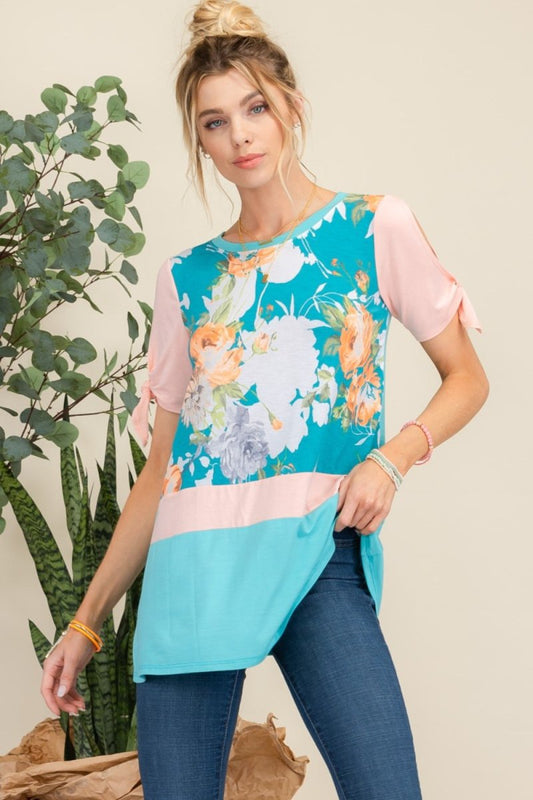 Celeste Full Size Open Tie Sleeve Floral Contrast Top Tunic - Love Salve