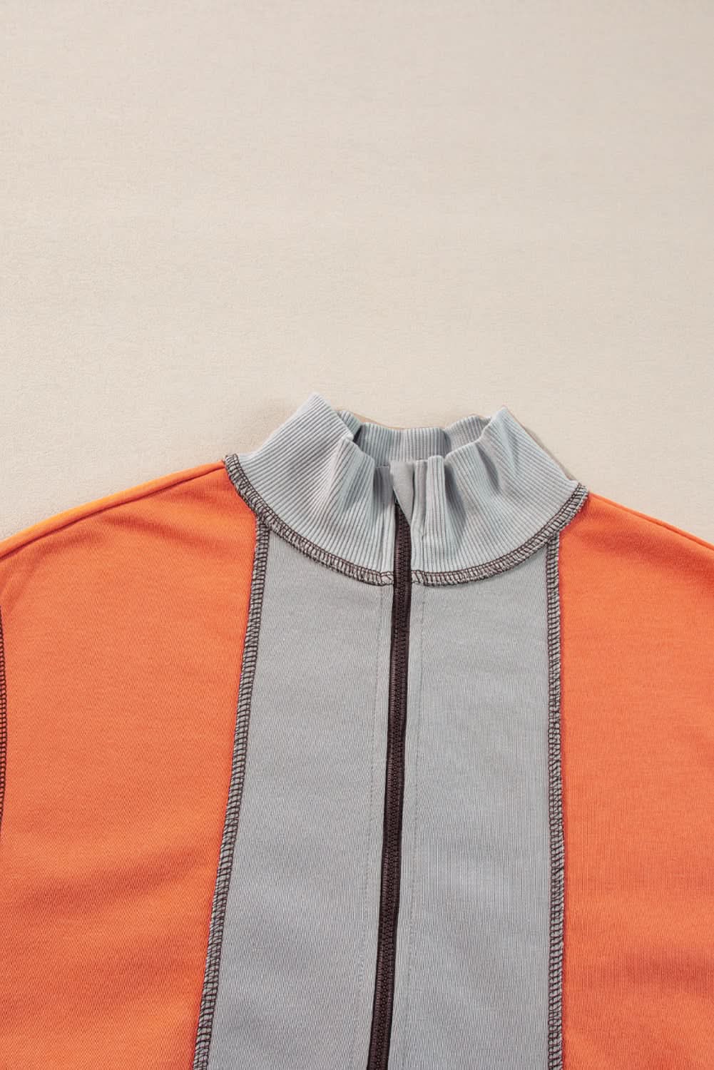Light Grey Color Block Stitching Detail Half Zipper Sweatshirt - Love Salve