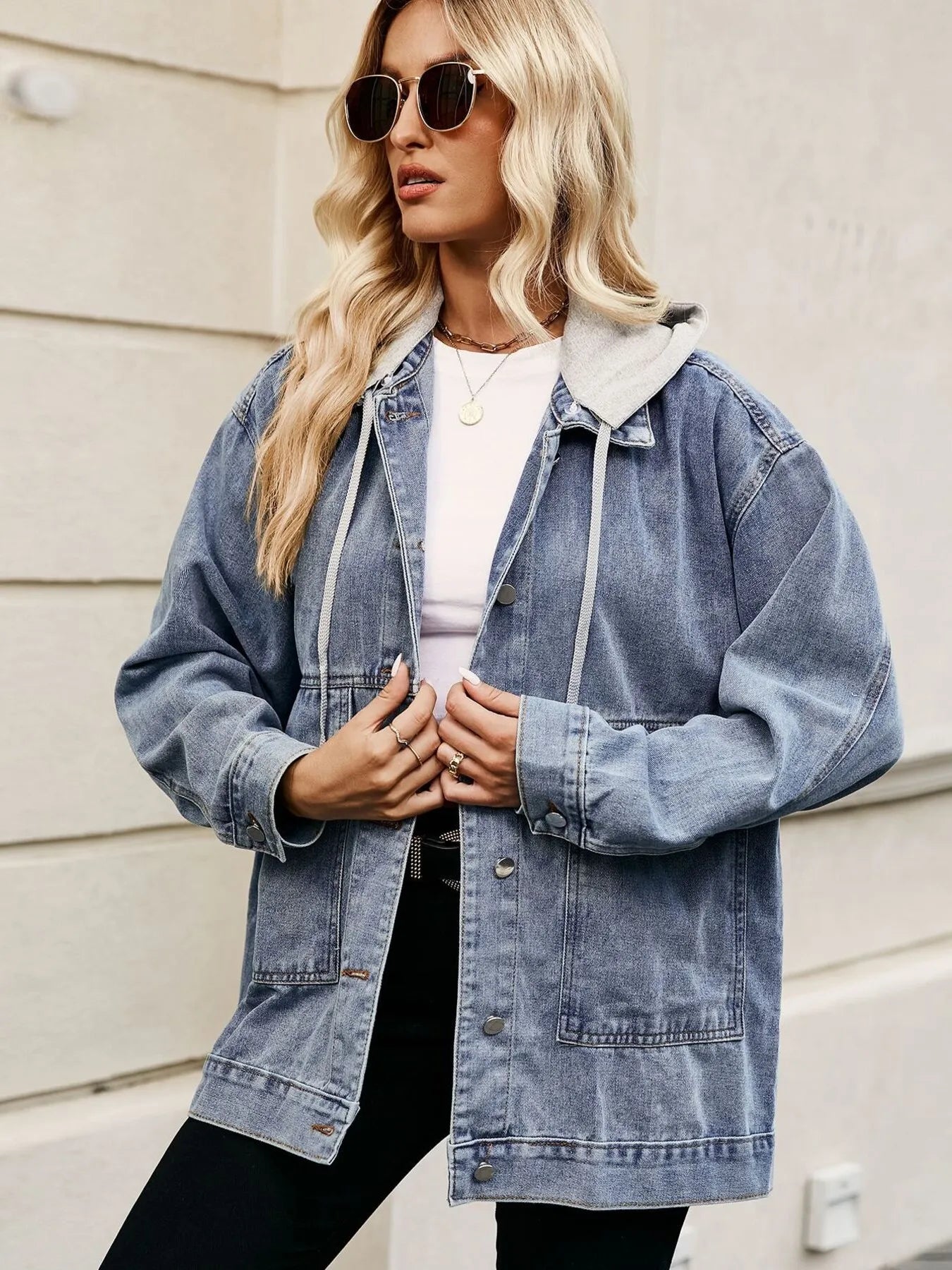Oversized Button Up Denim Jacket with Hood