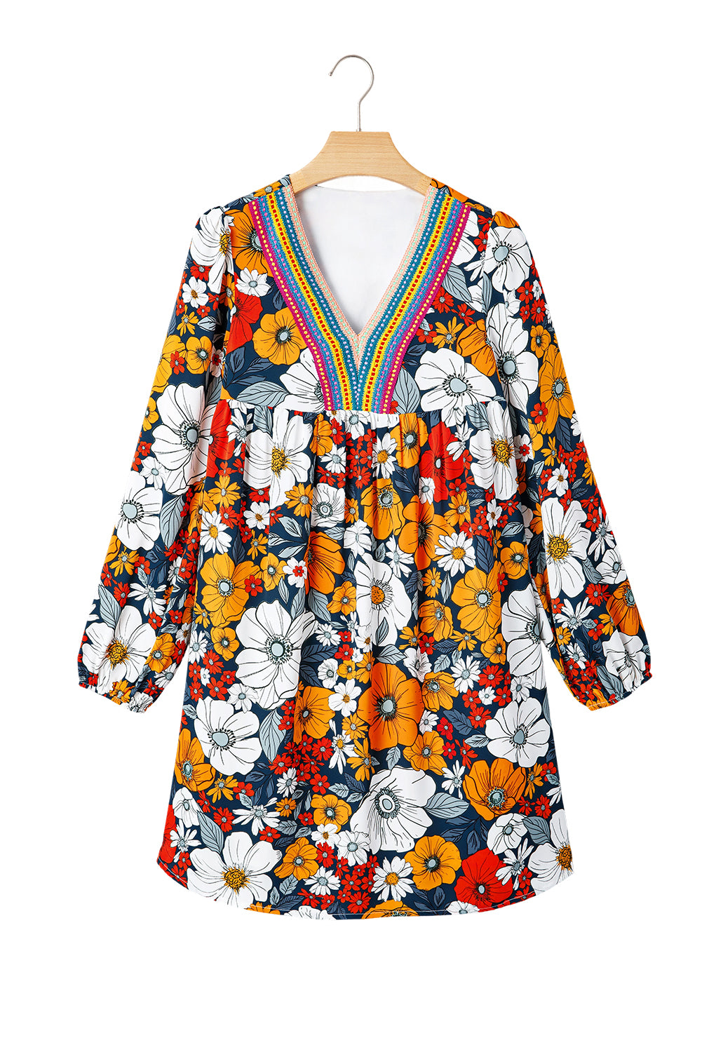 Orange Floral Print Lace V Neck Long Sleeve Mini Dress